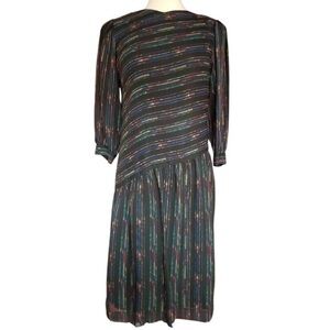 Vintage 1980s Leslie Fay asymmetrical drop-waist black rainbow long sleeve dress